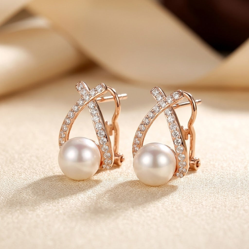 Gold Crisscross Pearl Stud Earrings by Rose & Oliver - product image 2