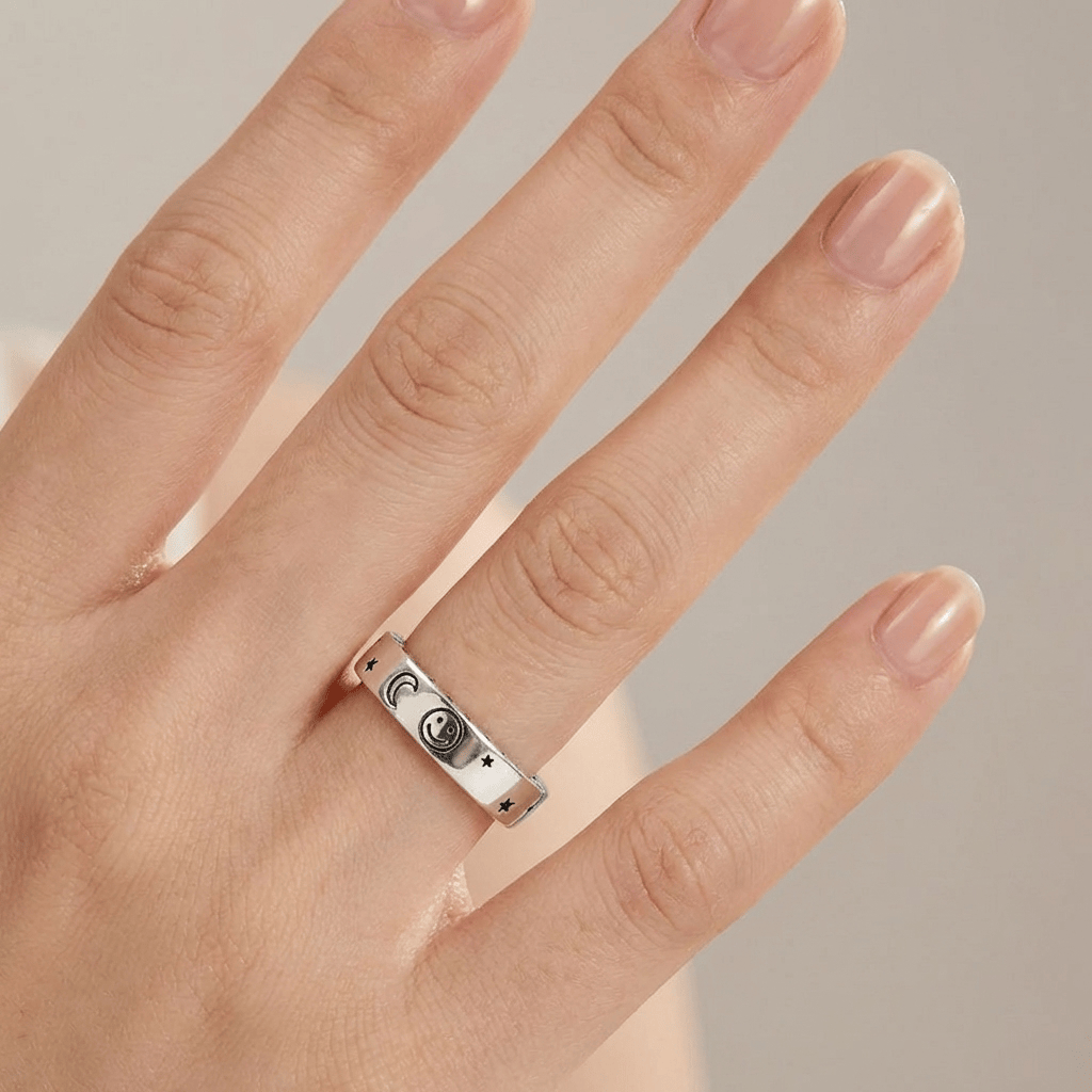 Happy Moon & Stars Silver Band Ring - (Adjustable) by Rose & Oliver - product image 2