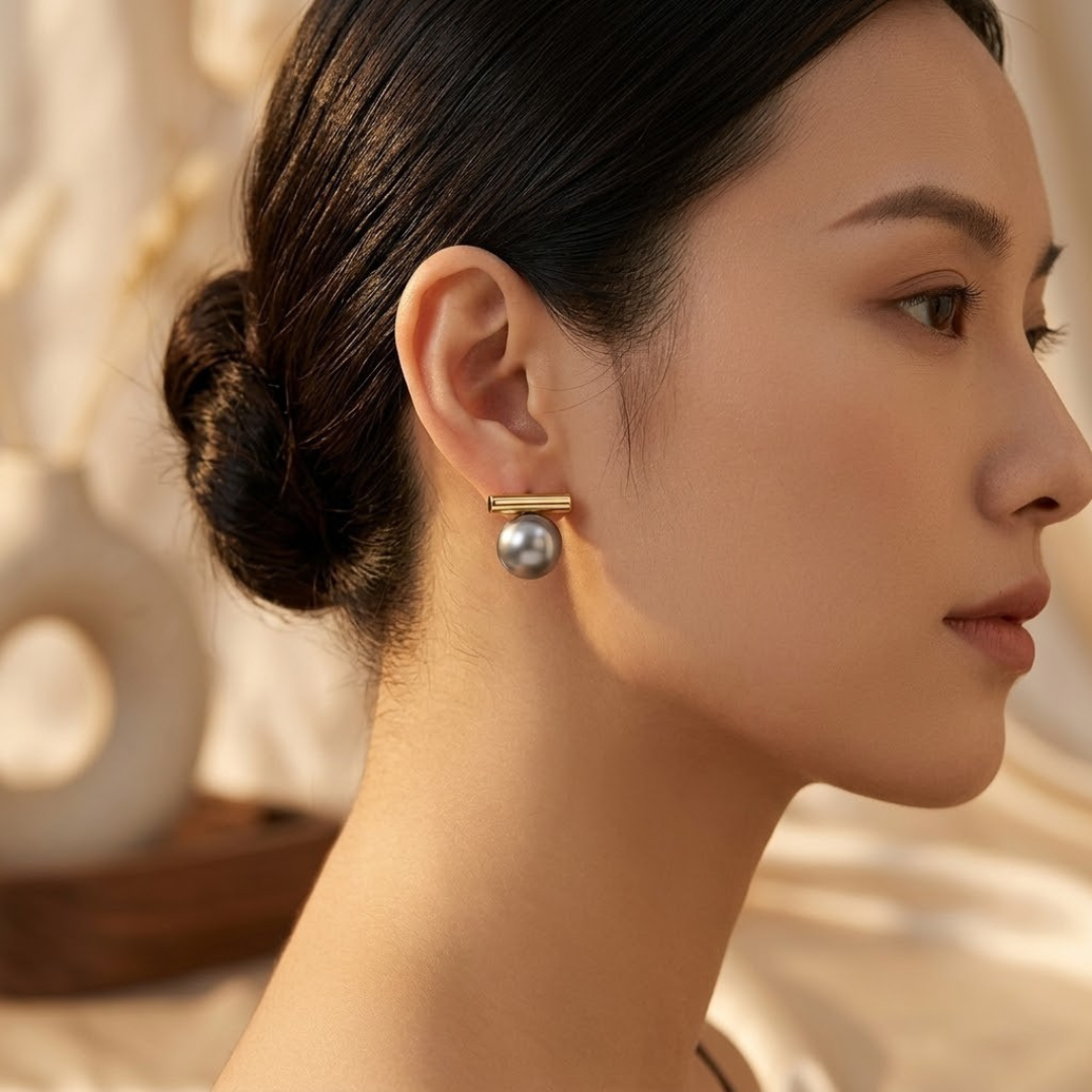 Gold Bar Pearl Stud Earrings by Rose & Oliver - product image 2