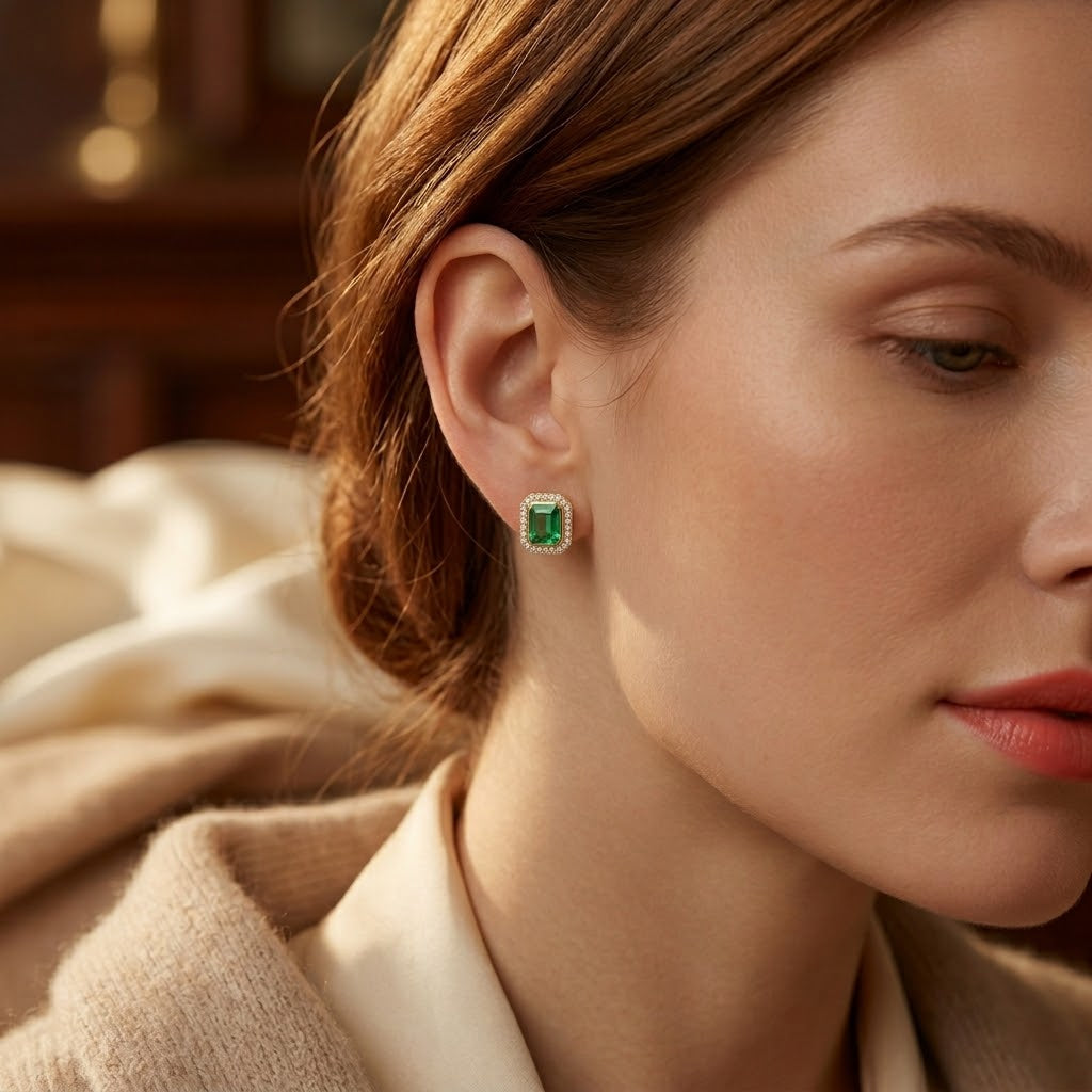 Gold Emerald Square Halo Stud Earrings by Rose & Oliver - product image 2