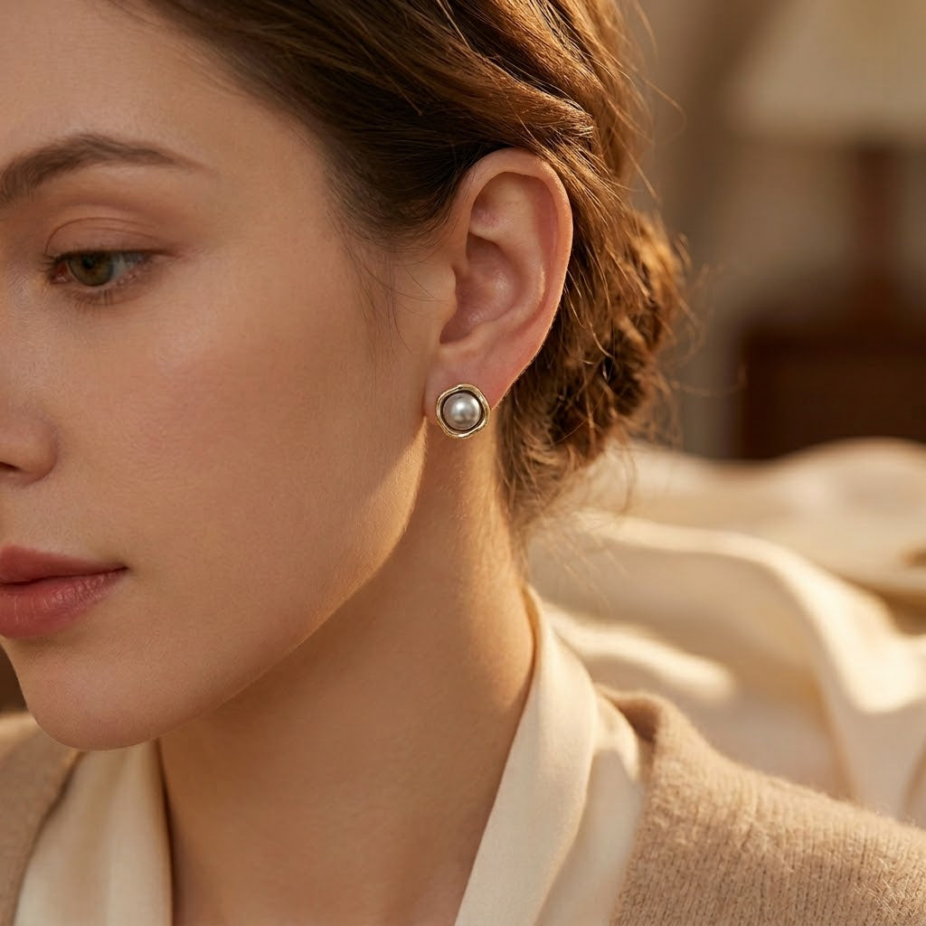 Gold Pearl Stud Earrings by Rose & Oliver - product image 2