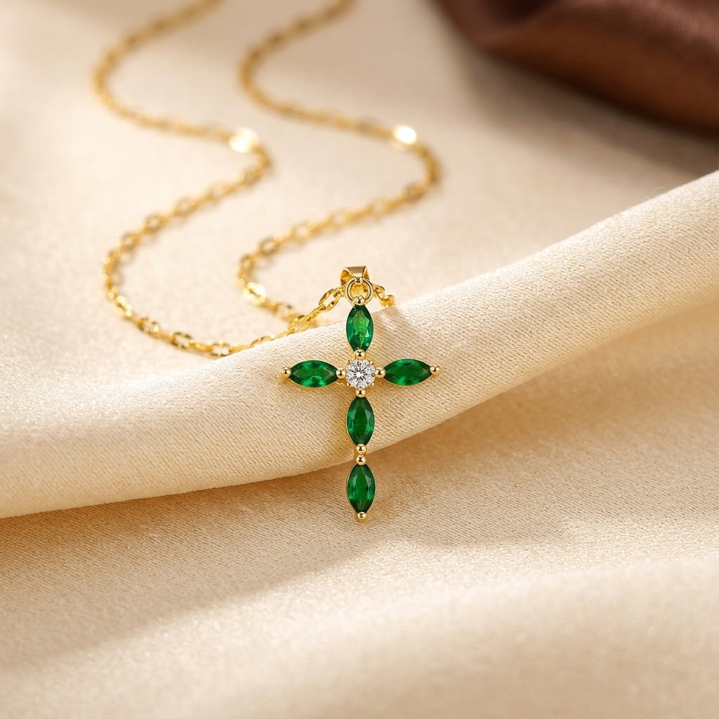 Gold Emerald Marquise Cross Necklace by Rose & Oliver - product image 1