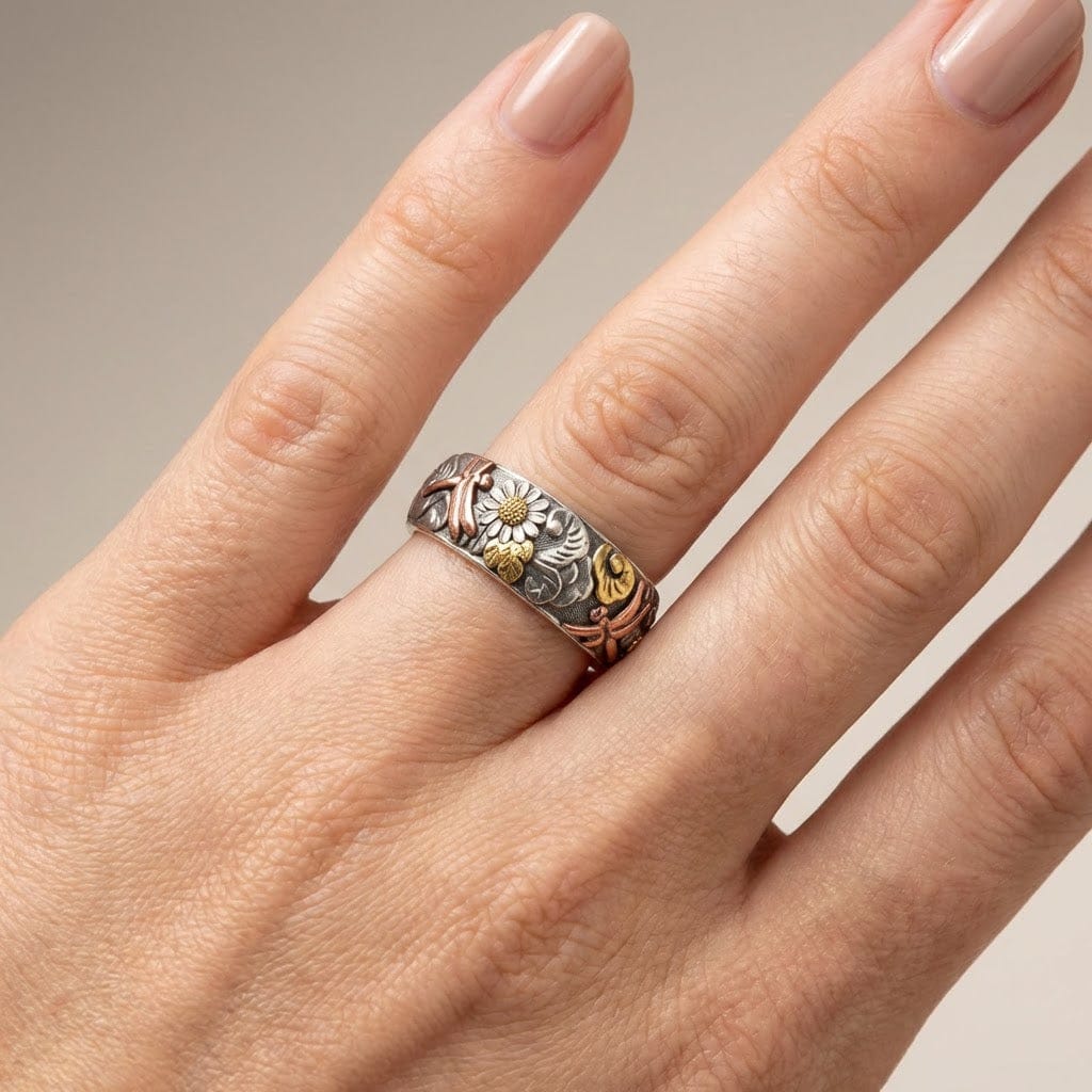 Handmade Dragonfly & Sunflower Vintage Silver Ring by Rose & Oliver - product image 2