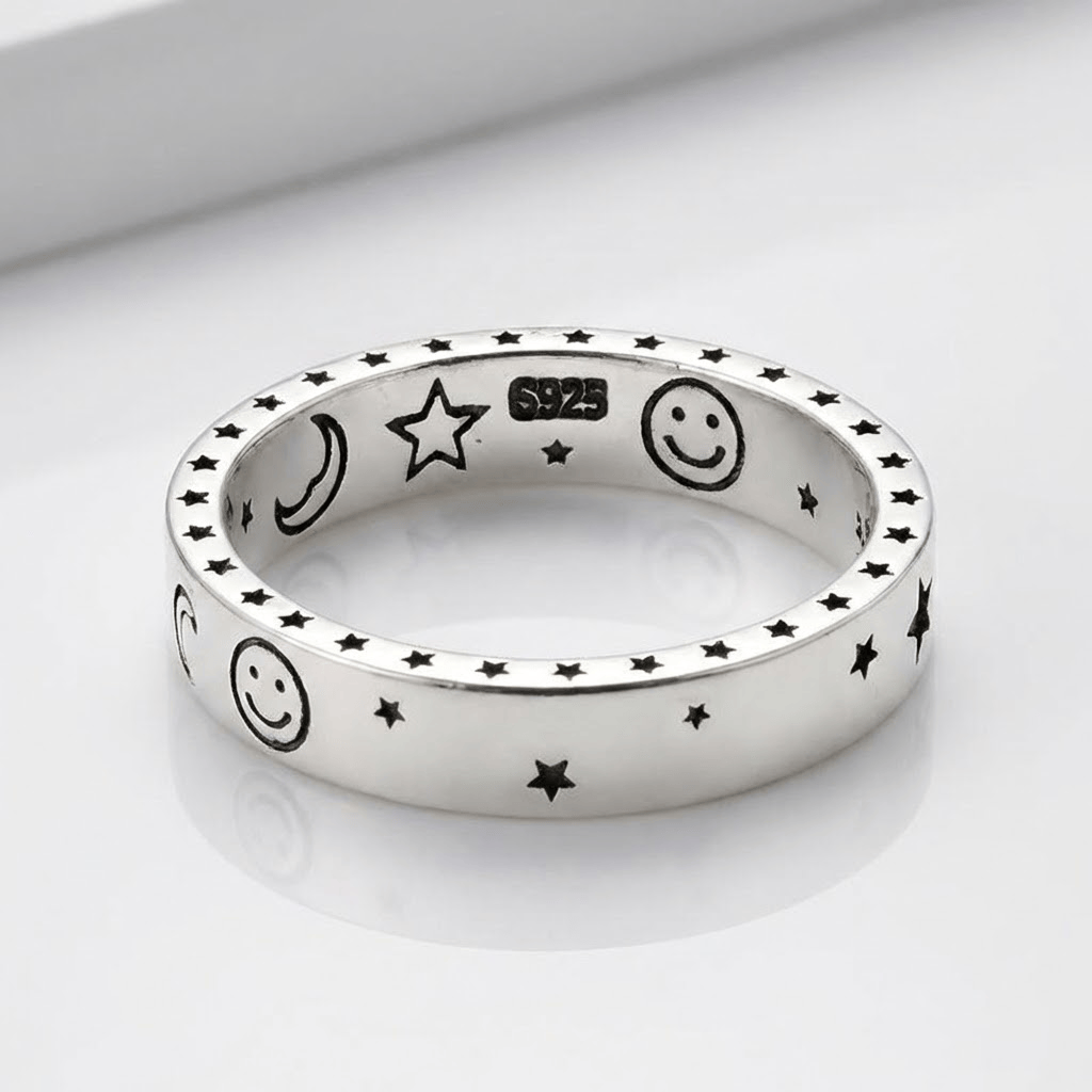 Happy Moon & Stars Silver Band Ring - (Adjustable) by Rose & Oliver - product image 1
