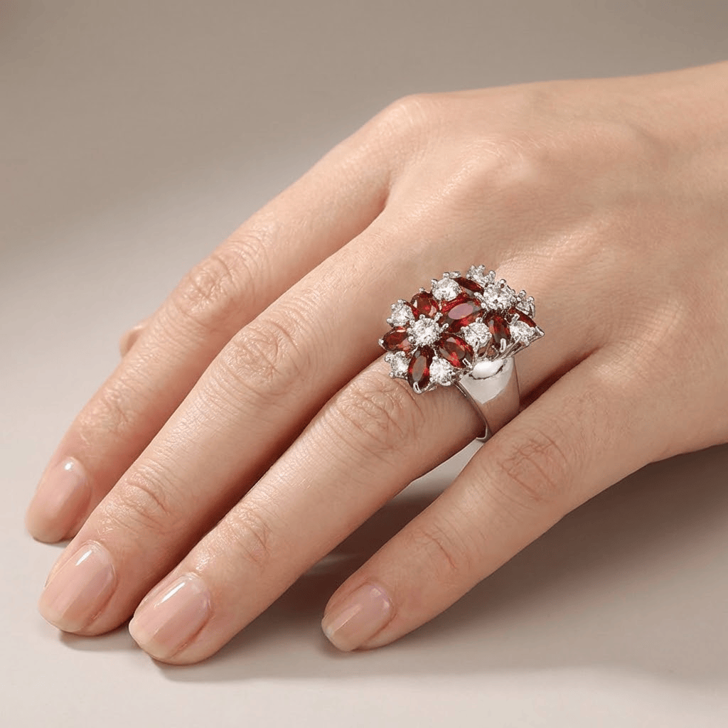 Red Garnet Cluster Silver Flower Ring by Rose & Oliver - product image 3