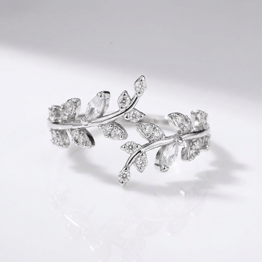 Crystal Leaf Vine Silver Ring - (Adjustable) by Rose & Oliver - product image 1
