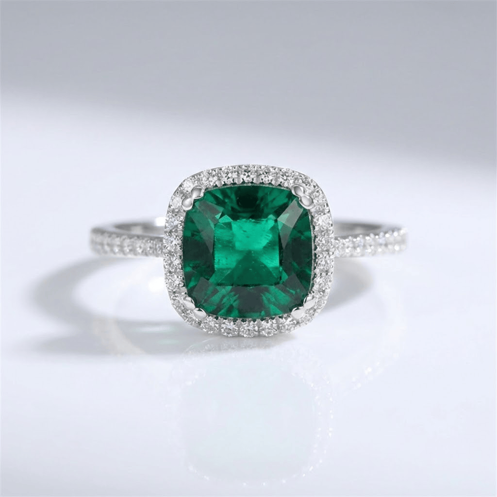 Green Emerald Cushion Halo Ring by Rose & Oliver - product image 1