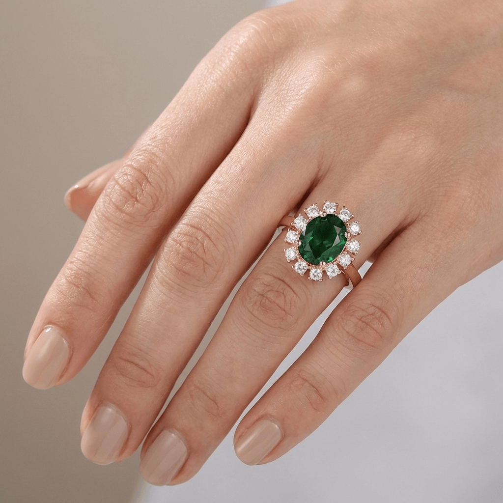 Rose Gold Emerald Diamond Halo Ring - (Adjustable) by Rose & Oliver - product image 2