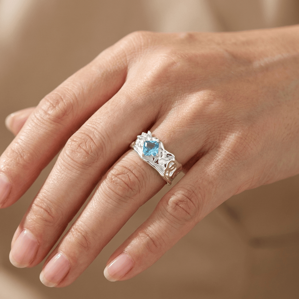 Silver Aquamarine Textured Ring - (Adjustable) by Rose & Oliver - product image 2