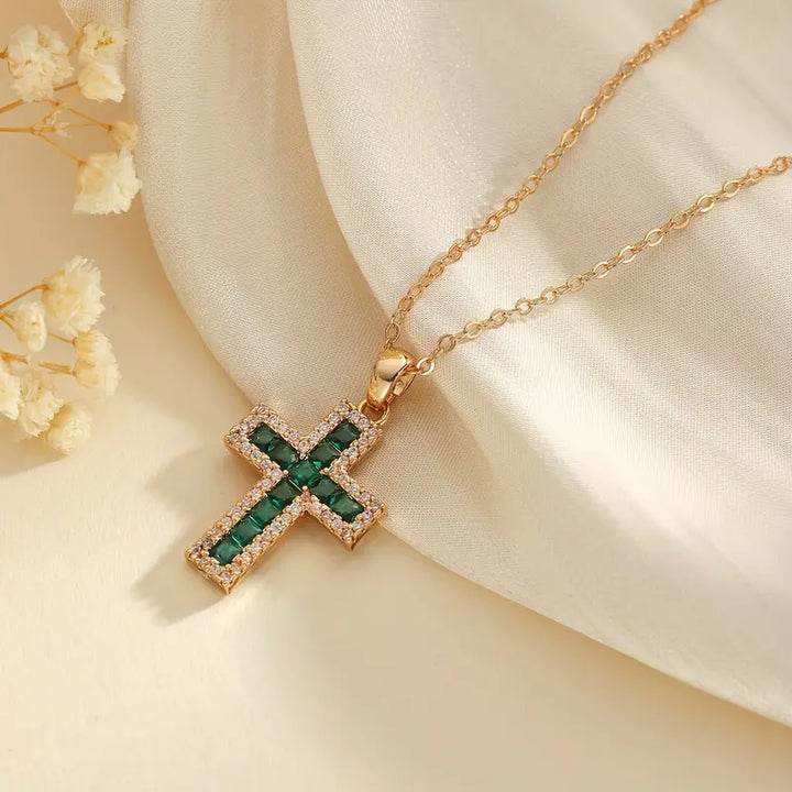 Solene Emerald Cross Pendant Necklace | Gold by Rose & Oliver - product image 1