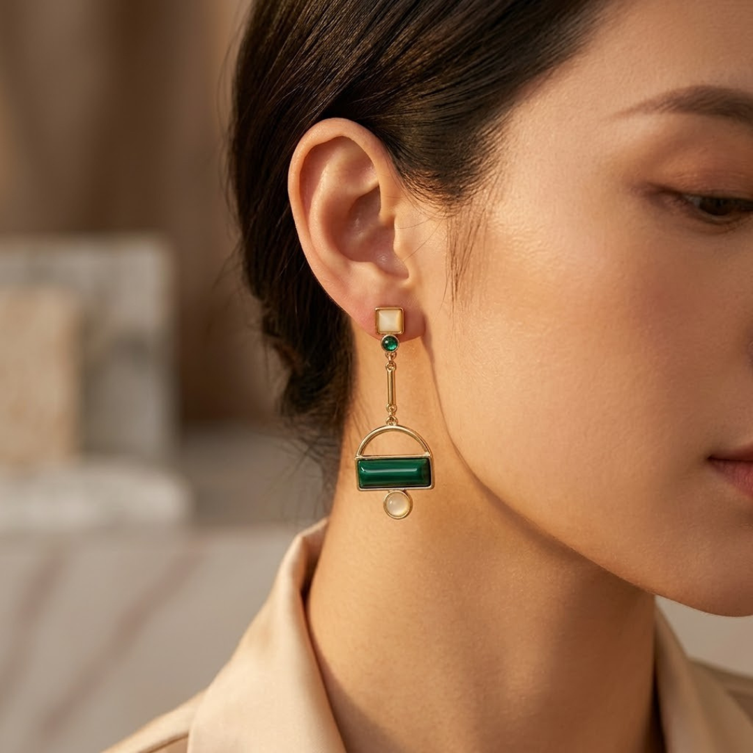 Gold Emerald Geometric Drop Earrings by Rose & Oliver - product image 2