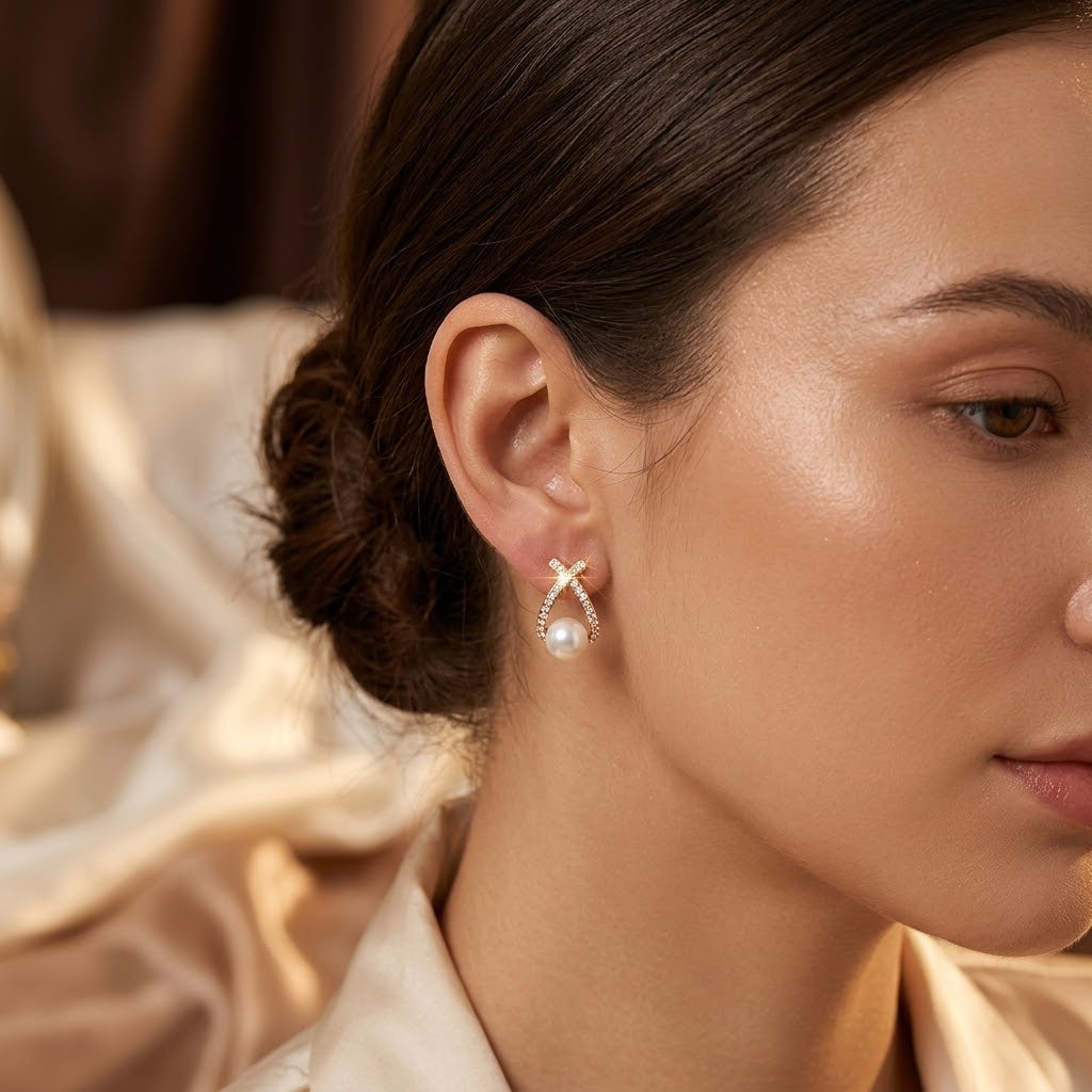 Gold Crisscross Pearl Stud Earrings by Rose & Oliver - product image 1