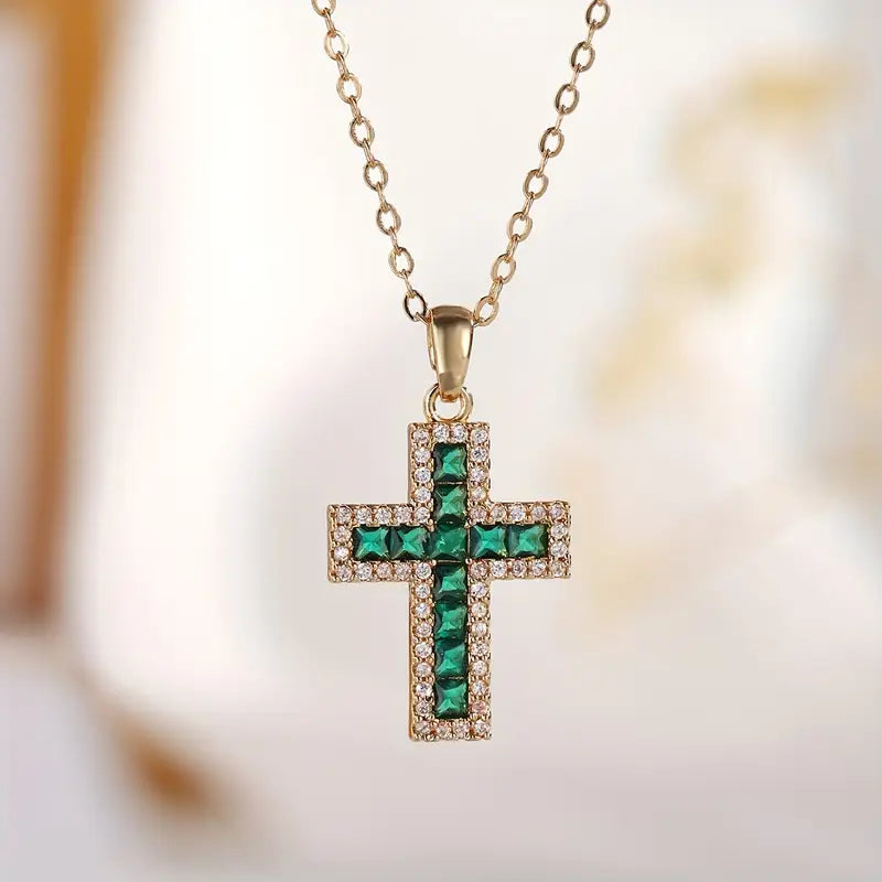 Solene Emerald Cross Pendant Necklace | Gold by Rose & Oliver - product image 2
