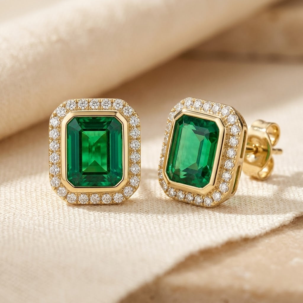 Gold Emerald Square Halo Stud Earrings by Rose & Oliver - product image 1