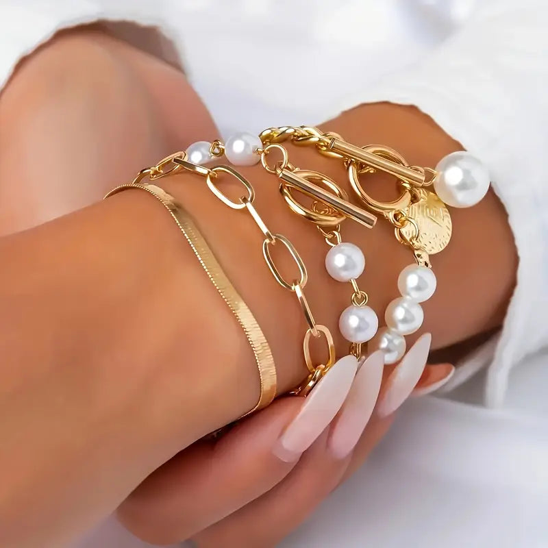 Chic Gold 4-Piece Bracelet Set – Snake, Pearls & Links | Gold by Rose & Oliver - product image 3