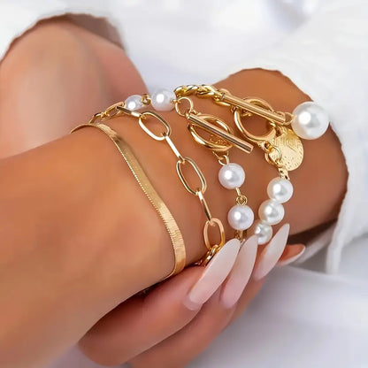 Chic Gold 4-Piece Bracelet Set – Snake, Pearls & Links | Gold by Rose & Oliver - product image 3