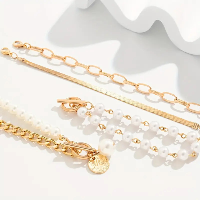 Chic Gold 4-Piece Bracelet Set – Snake, Pearls & Links | Gold by Rose & Oliver - product image 2