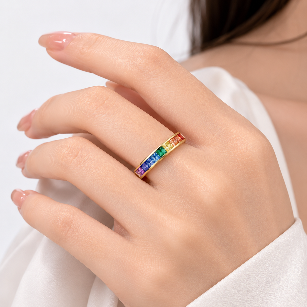 Rainbow Crystal Rose Gold Band Ring by Rose & Oliver - product image 2