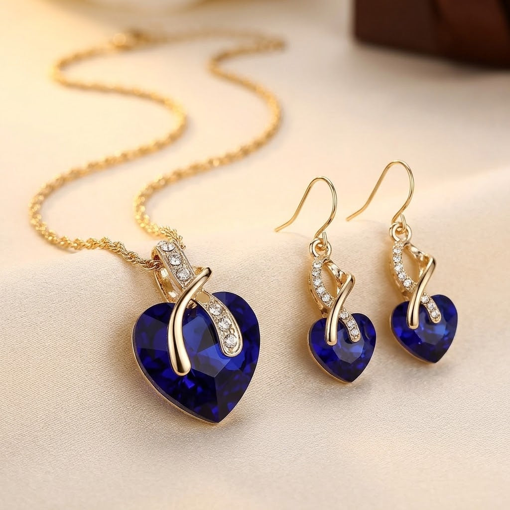 Gold Sapphire Heart Necklace and Earrings Set by Rose & Oliver - product image 1
