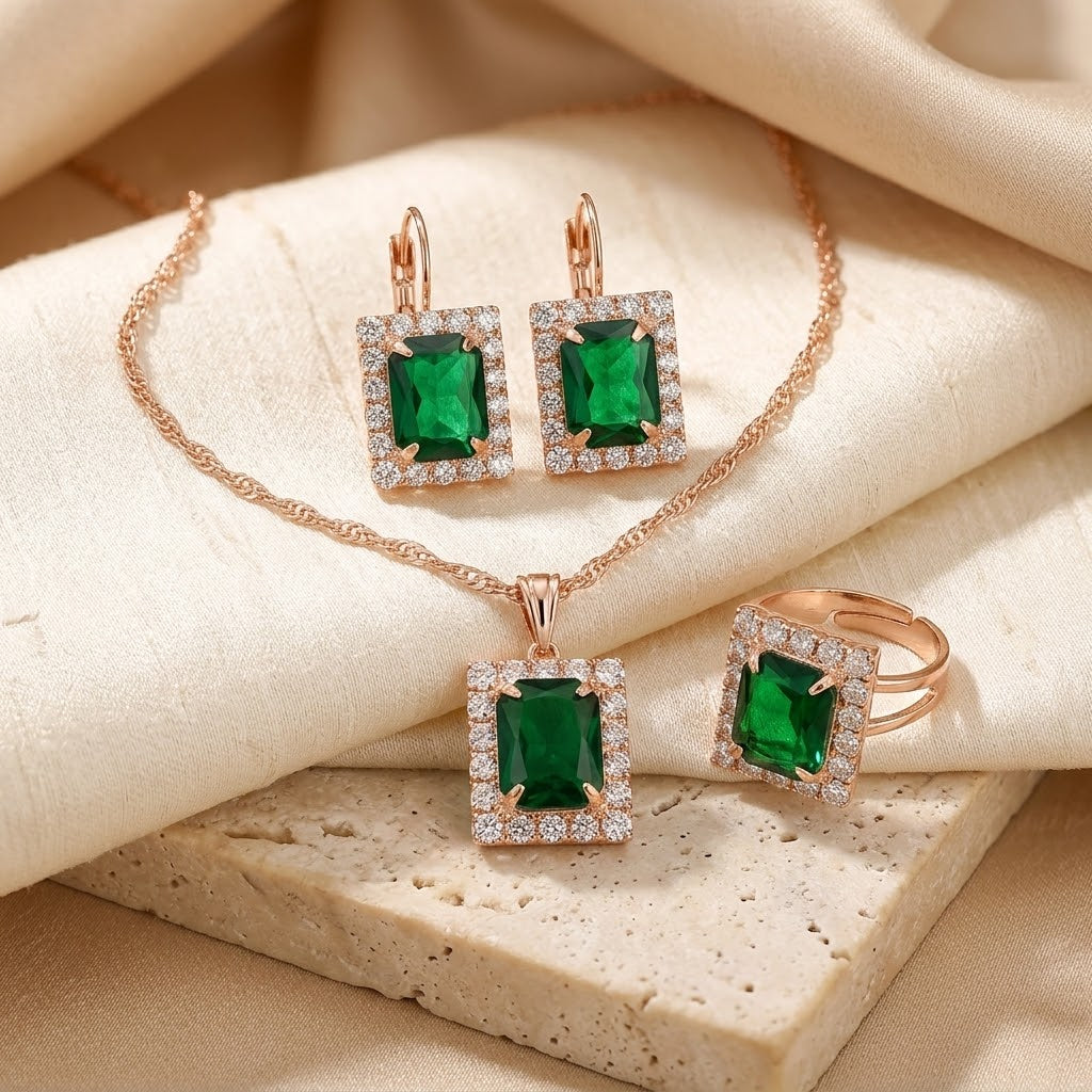 Gold Emerald Rectangular Jewelry Set by Rose & Oliver - product image 1
