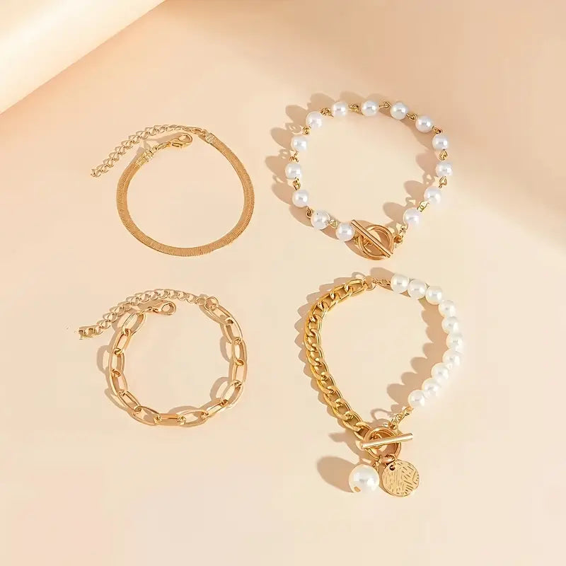 Chic Gold 4-Piece Bracelet Set – Snake, Pearls & Links | Gold by Rose & Oliver - product image 4