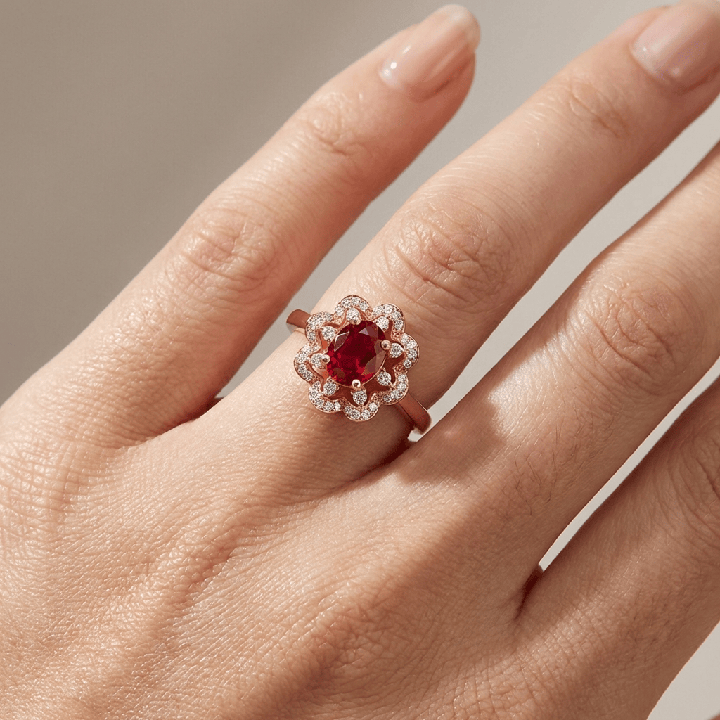 Red Ruby Rose Gold Halo Ring by Rose & Oliver - product image 2