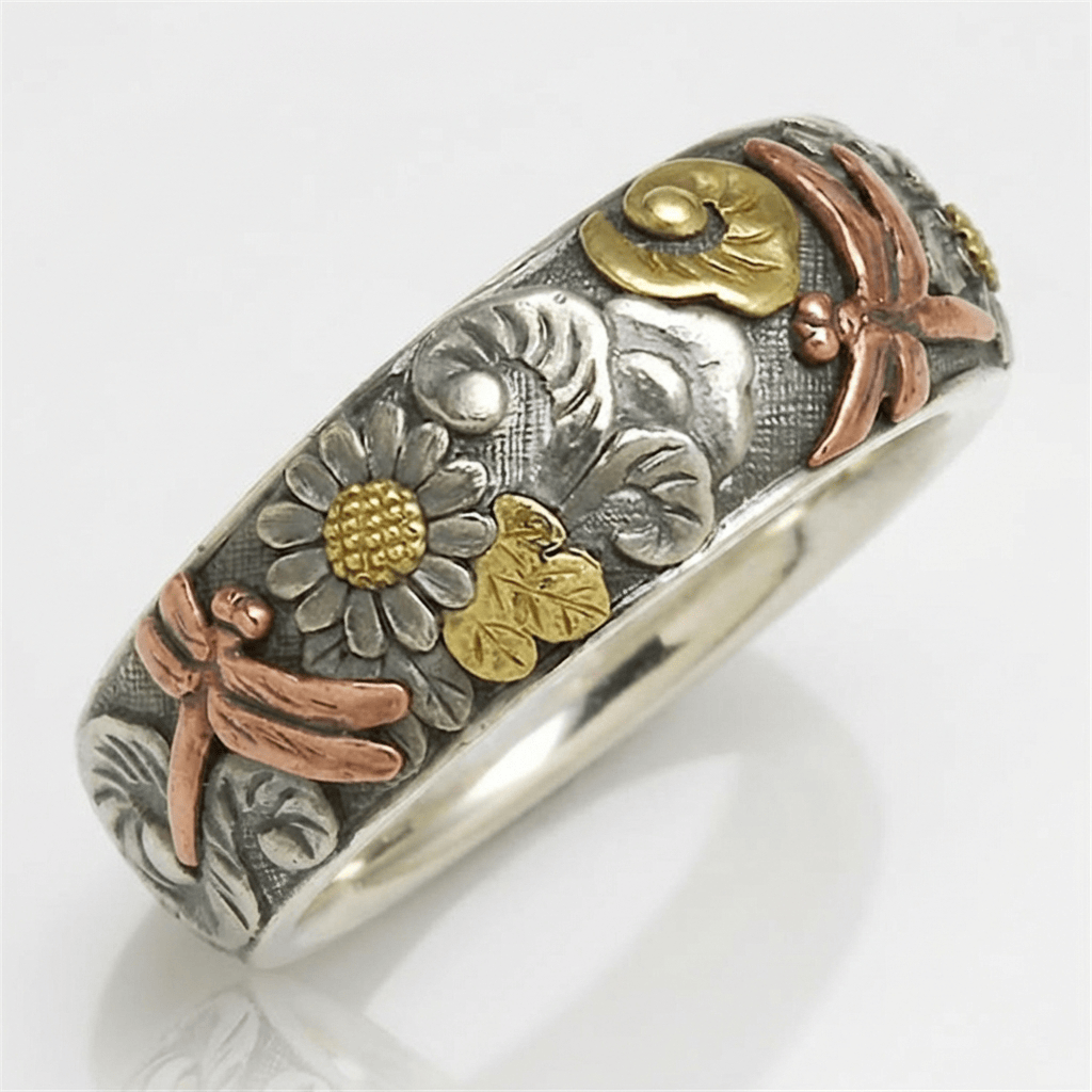 Handmade Dragonfly & Sunflower Vintage Silver Ring by Rose & Oliver - product image 1