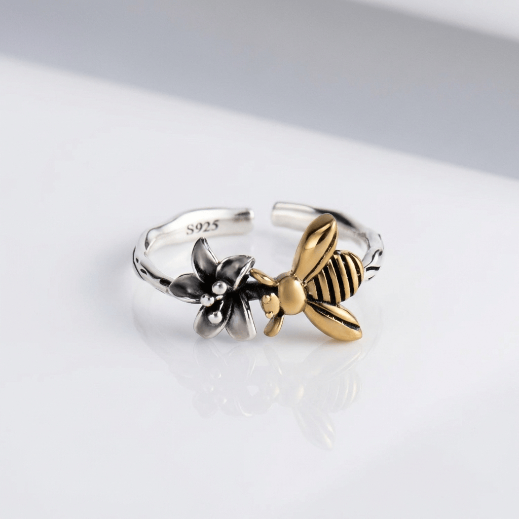 Honey Bee & Flower Silver Ring - (Adjustable) by Rose & Oliver - product image 1